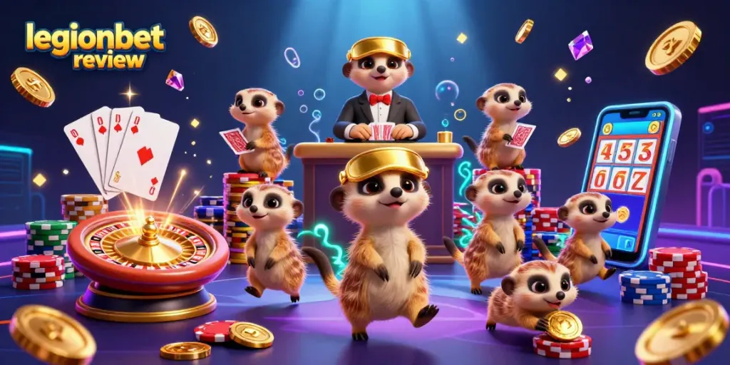Join the fun with this legionbet review showcasing meerkats running a vibrant casino.