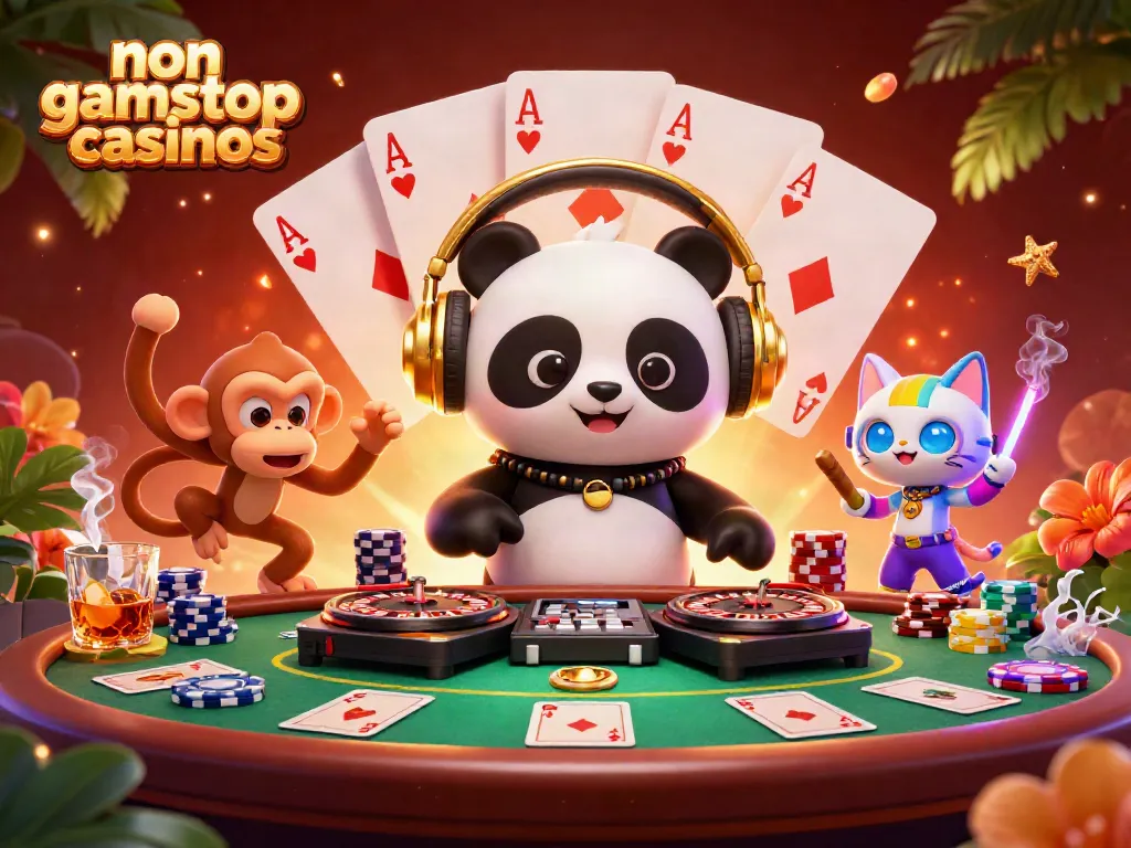 Experience vibrant gameplay at non gamstop casinos featuring a DJ panda and gaming elements.