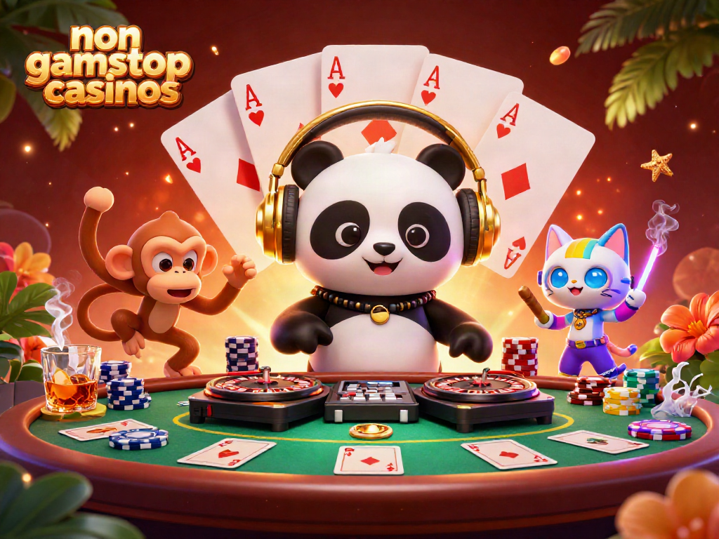 Experience vibrant gameplay at non gamstop casinos featuring a DJ panda and gaming elements.