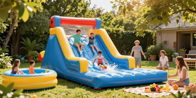 Children enjoying an inflatable water slide in a sunny garden fun day.