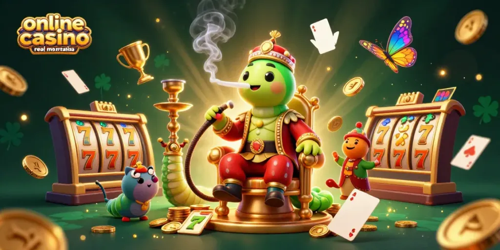 Experience the thrill of online casino real money Australia with this vibrant 3D illustration featuring a caterpillar master and casino elements.