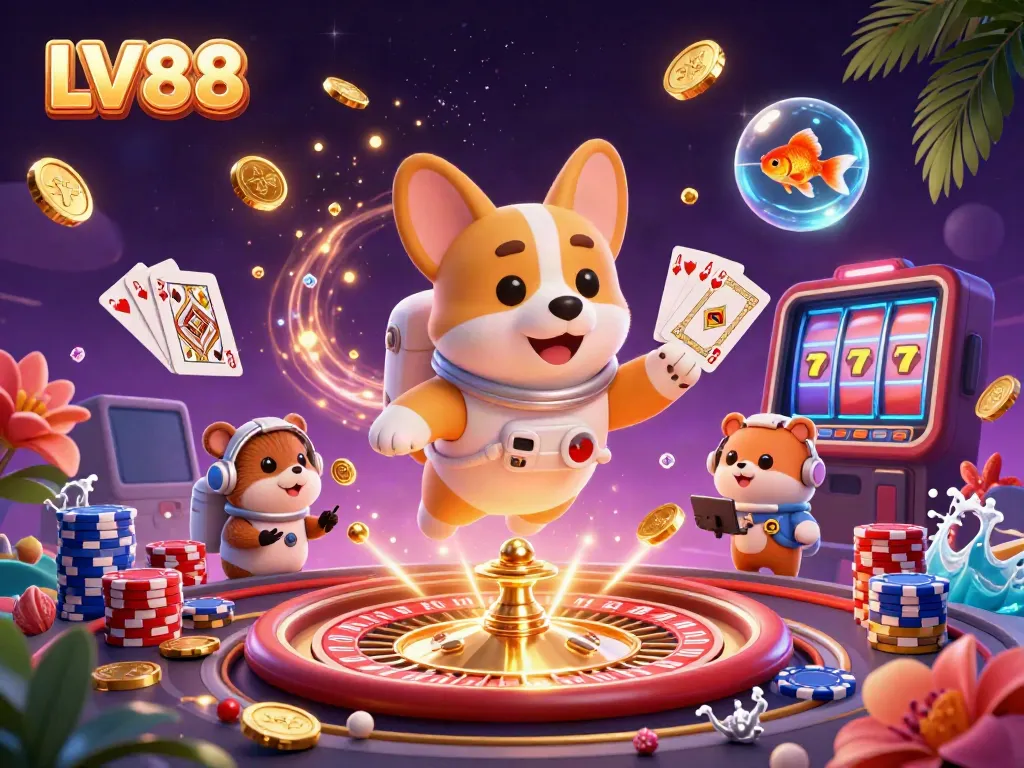 Experience thrilling gaming moments at LV88's virtual casino with engaging characters and vibrant elements.