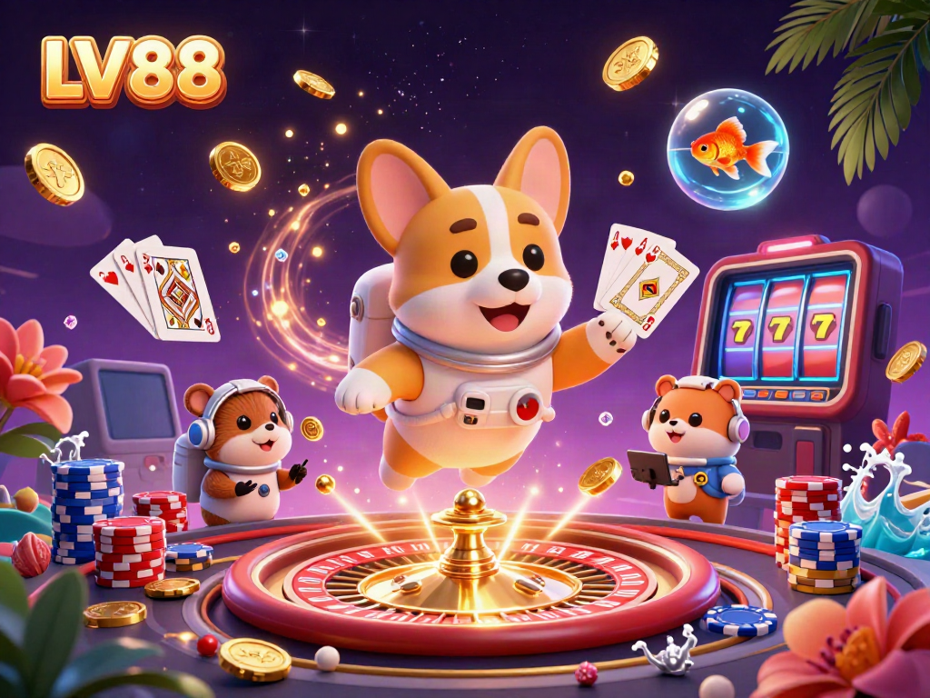 Experience thrilling gaming moments at LV88's virtual casino with engaging characters and vibrant elements.