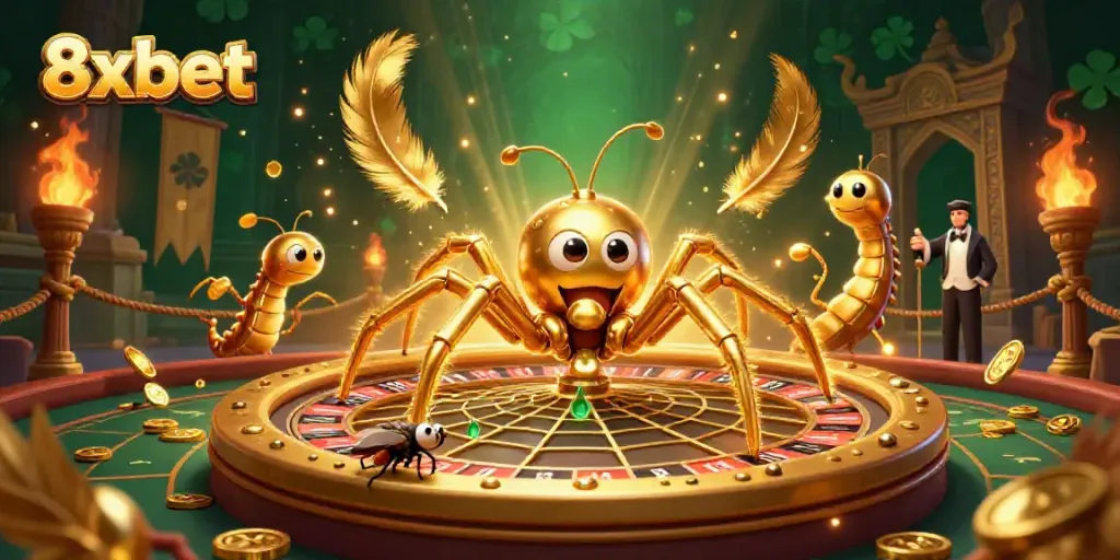 Experience the thrill of 8xbet as a golden spider spins a roulette web while a fly places bets.