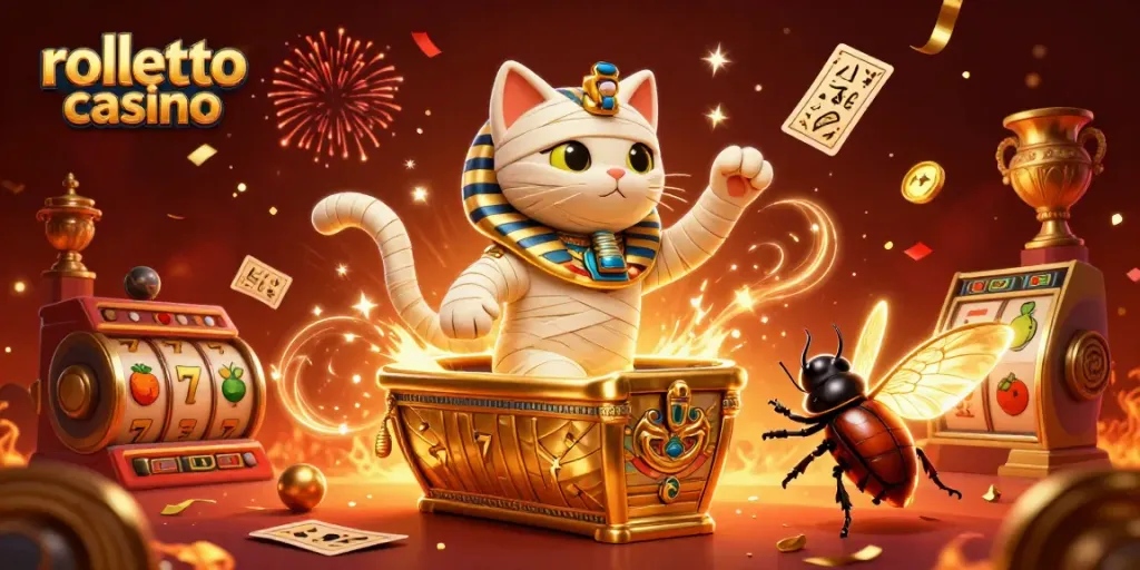 Experience the excitement of rolletto casino with vibrant 3D art of a mummy cat and dynamic slot elements.
