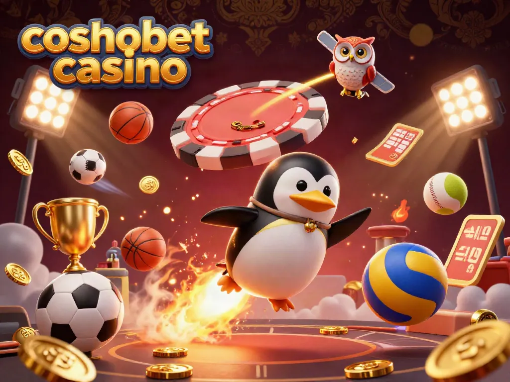 Experience winning moments at cosmobet casino with a golden penguin traveling among sports elements and casino themes.