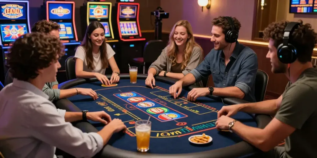 Exciting GEM88 online casino scene with friends enjoying virtual games.