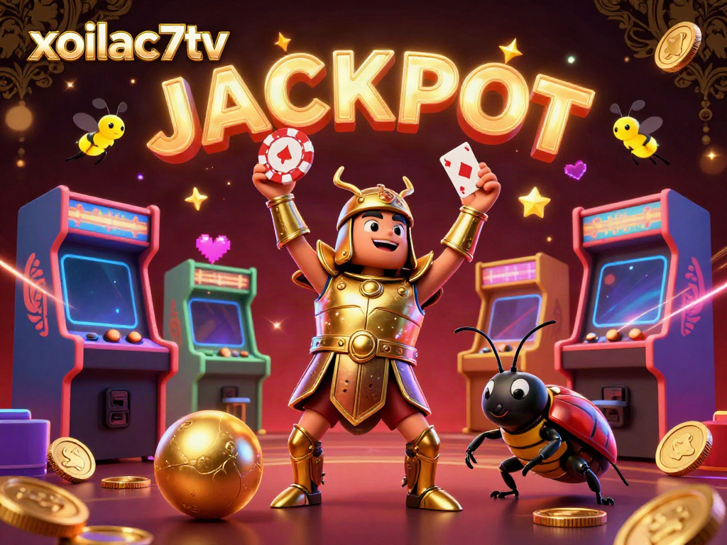 Experience the excitement of gaming with xoilac7tv, where a victorious beetle celebrates amidst dynamic casino elements.