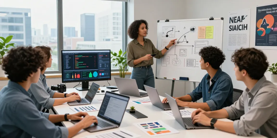 Marketing professionals collaborating on AI marketing tools in a modern office setting.