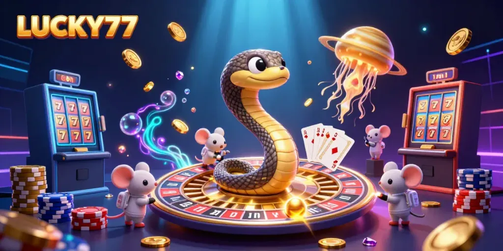 Engage in thrilling gameplay with LUCKY77, featuring cosmic characters and vibrant casino elements.