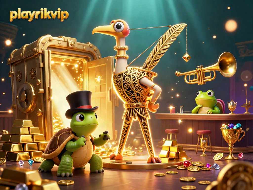 Engage with the vibrant playrikvip casino scene featuring a flapper crane, top-hat turtle, and trumpet frog.