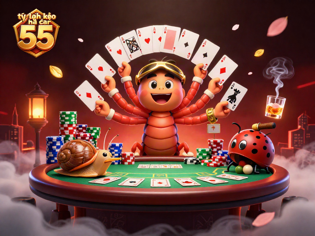 Engaging illustration of tỷ lệ kèo nhà cái 55 with a lively dealer and players in an interactive casino scene.