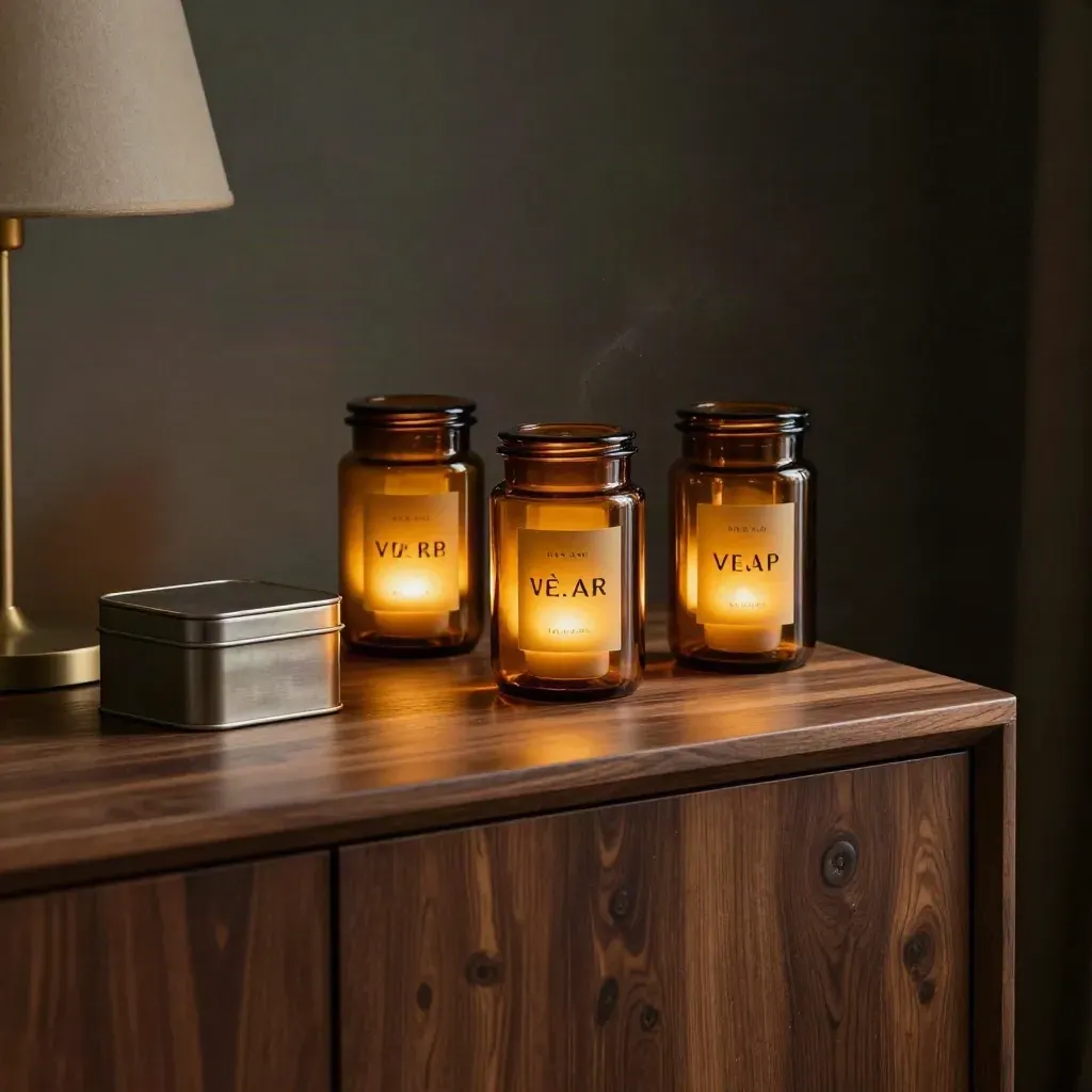 Dark sideboard with amber tax jars, sealed cash tin and lamp in moody evening light.