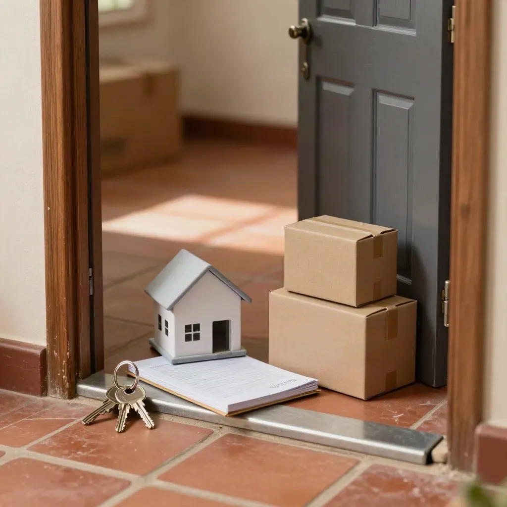 Keys, model house and moving boxes in a warm hallway lit by daylight.