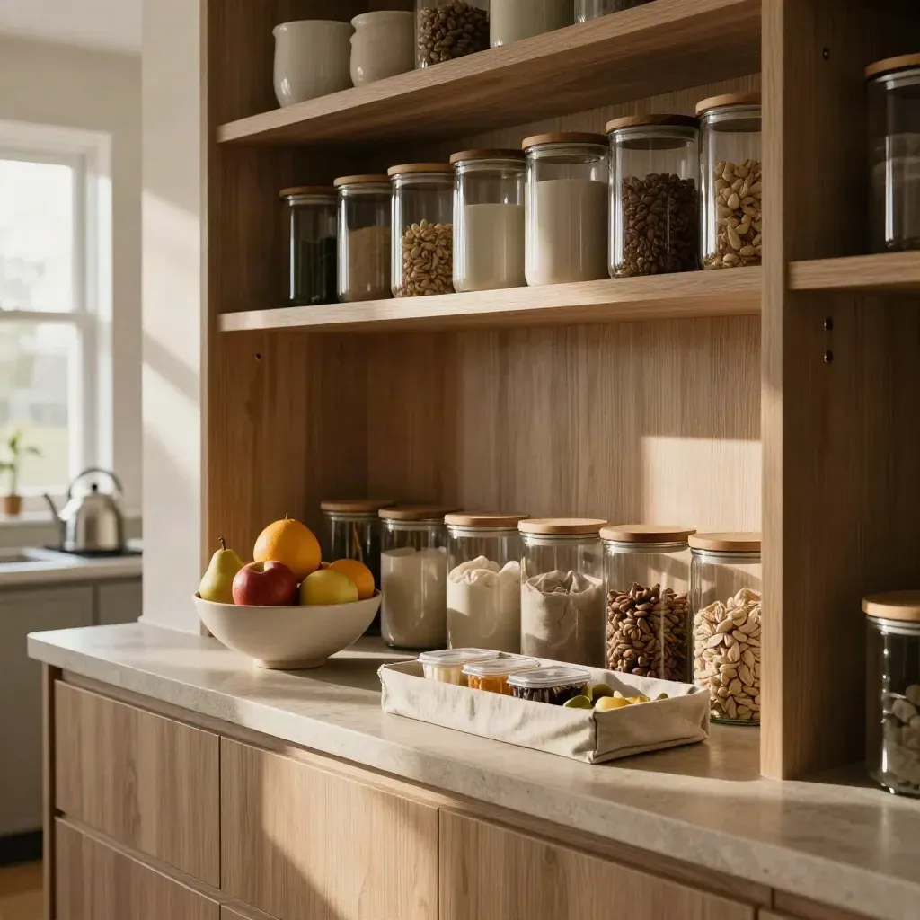 Warm pantry with storage jars, fruit bowl and meal tray in late-afternoon window light.