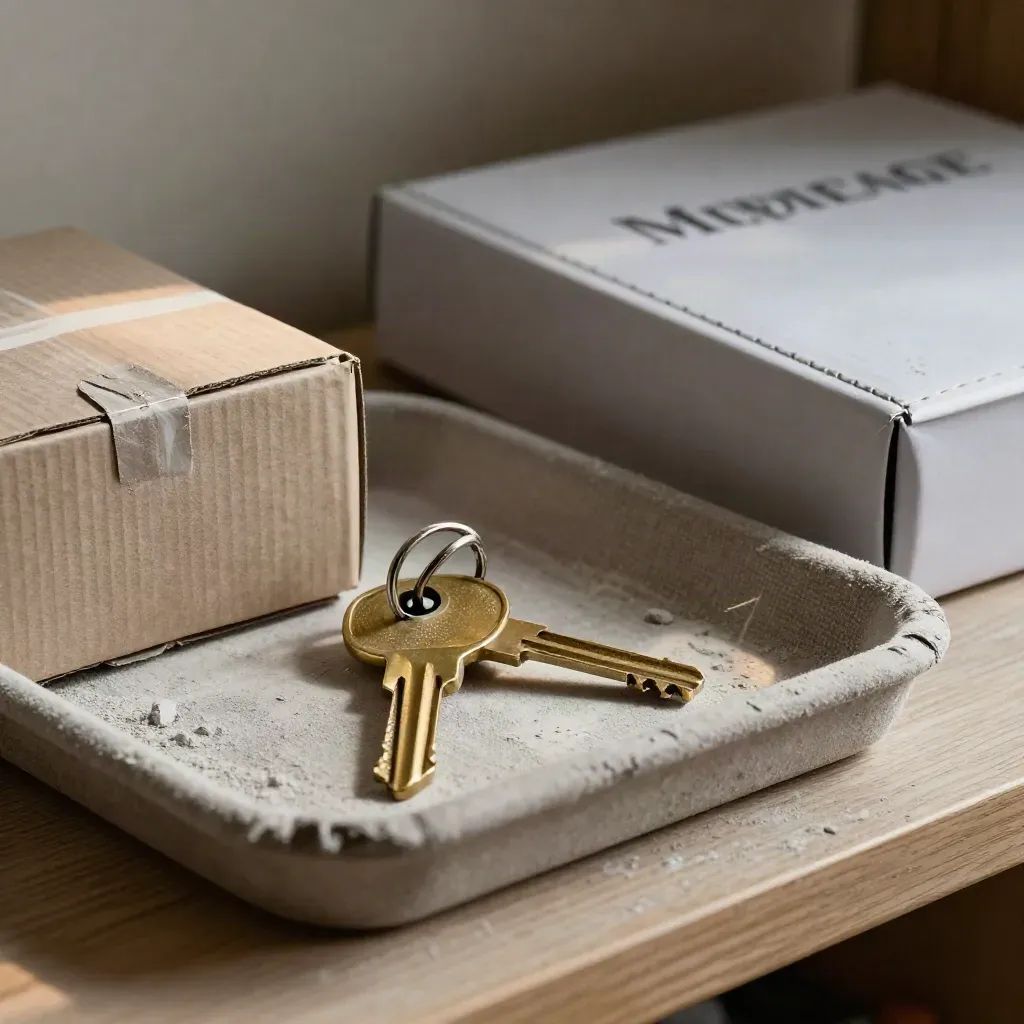 Brass house keys, moving box and mortgage folder on a hallway console in warm daylight.