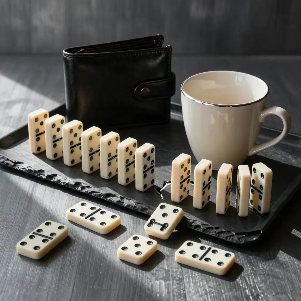 Top-down black tray with dominoes, closed wallet and empty cup on slate, lit by hard side light.