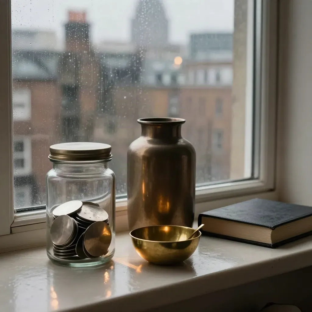 Rainy London windowsill with two savings jars, brass bowl and ledger box against a blurred skyline.