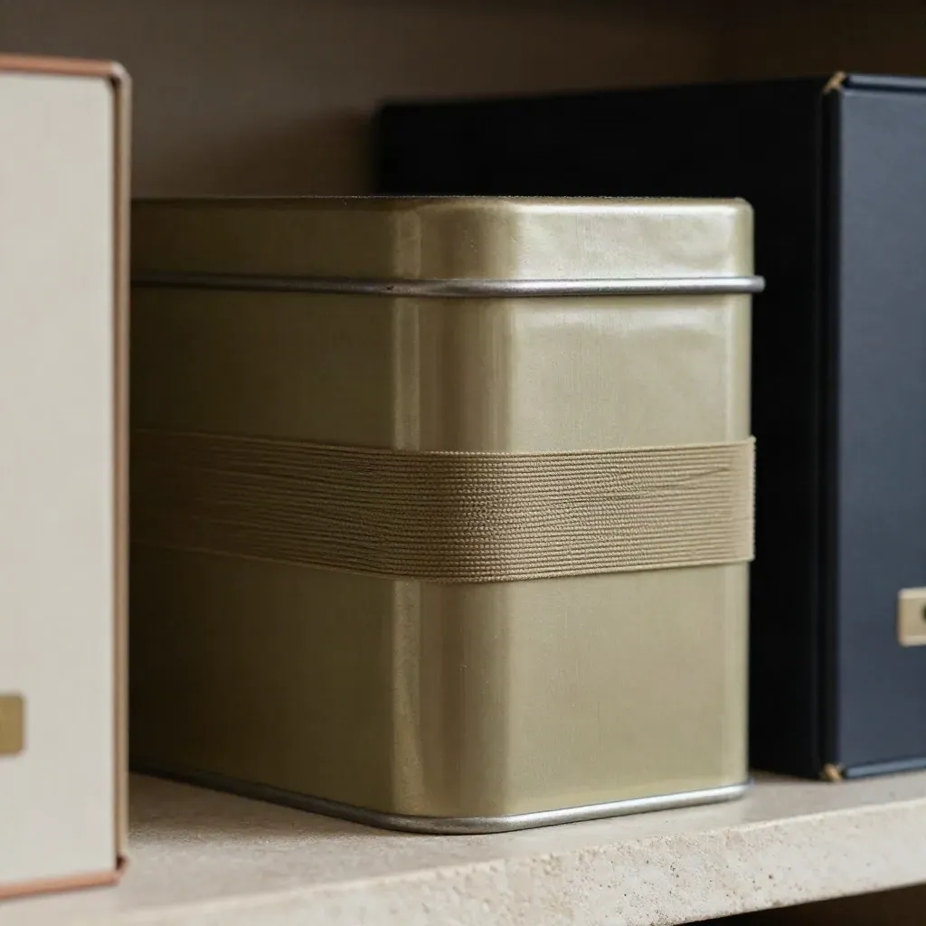 Brushed tax reserve tin, elastic bands and ledger box corner on a stone shelf, lit by skimming light