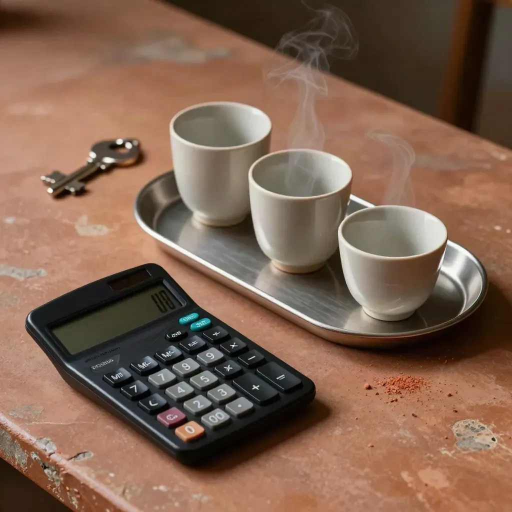 Overhead still life of a calculator, three ceramic cups, and a tray on terracotta stone.