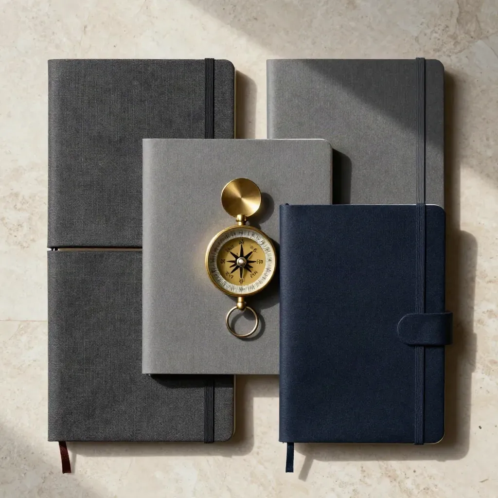 Overhead flatlay of notebooks, brass compass and key ring on travertine.
