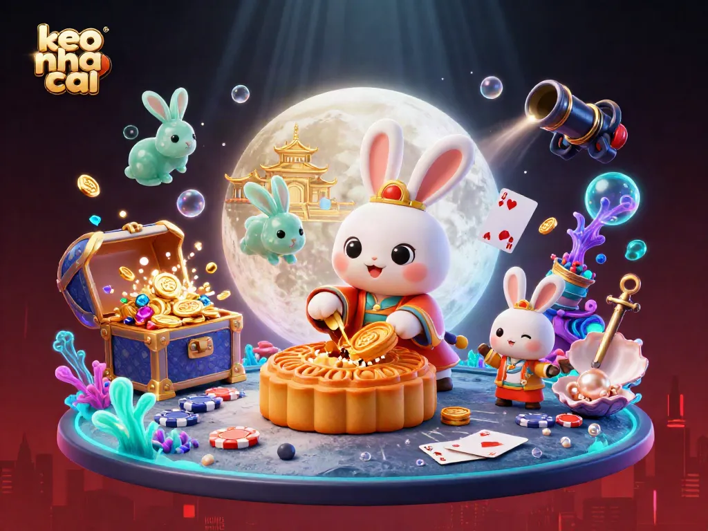 Engage in keo nha cai with vibrant casino elements, including poker chips and floating cards, in an immersive digital scene.