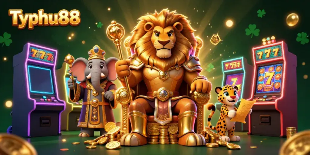 Join Typhu88's casino adventure with a lion king and wise elephant in a golden setting.