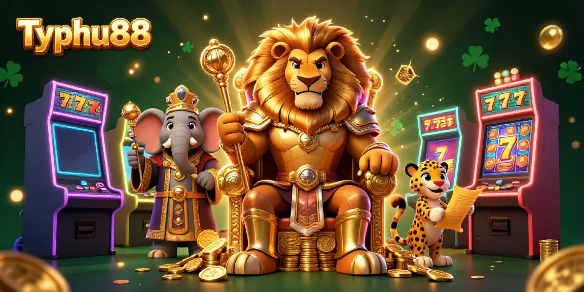 Join Typhu88's casino adventure with a lion king and wise elephant in a golden setting.