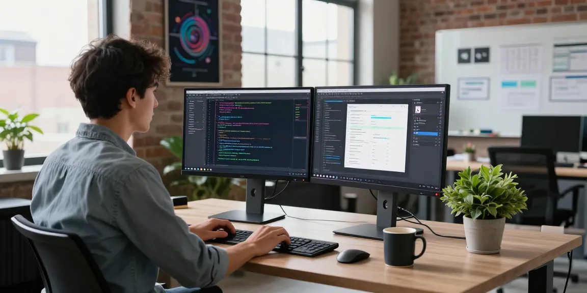 Discover WhatsApp下載 trends at a modern tech workspace where a developer designs apps.