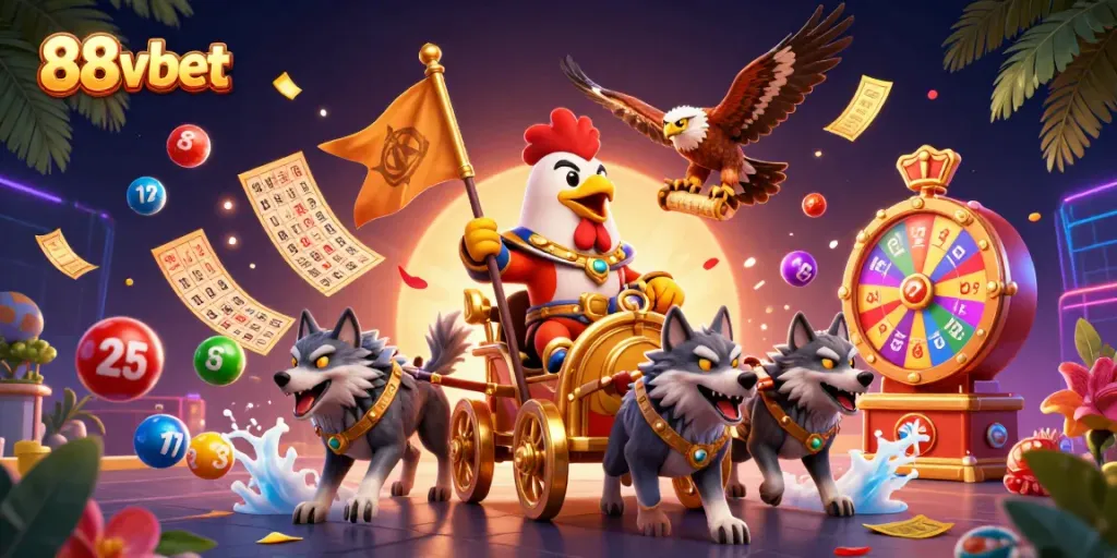 Bet on exciting games with 88vbet's vibrant casino illustration featuring a rooster warlord.