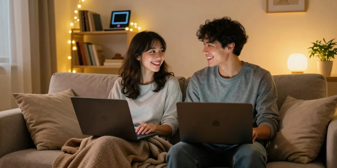 Young couple engaging in an AI sex chat in a cozy room, laptops open, playful and intimate atmosphere.