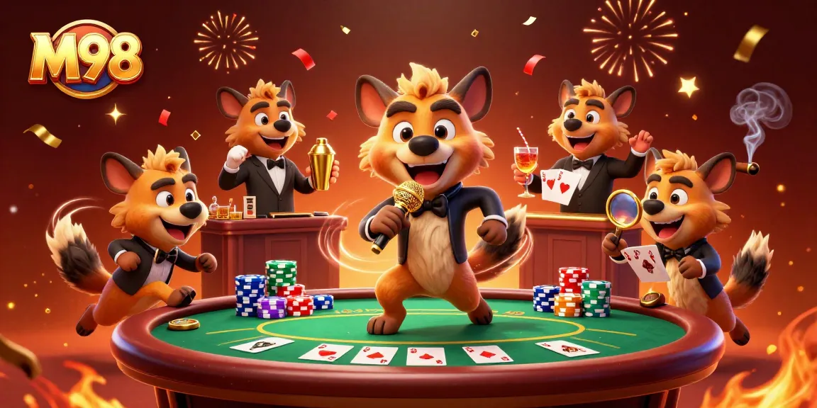 M98 hyenas comedy casino club showcasing vibrant poker elements and energetic characters.