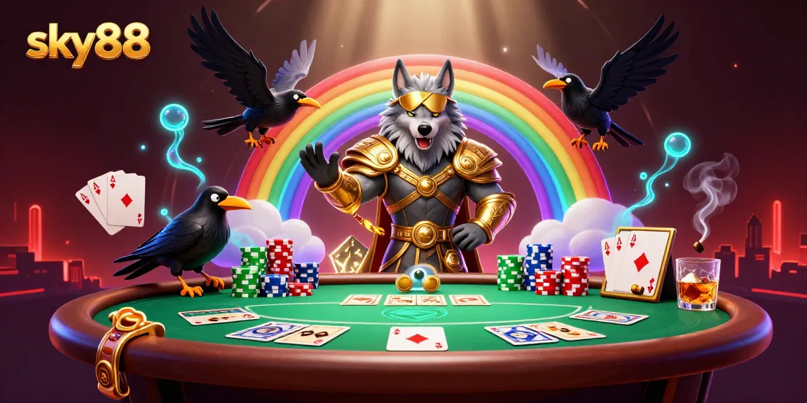 Sky88 illustrates thrilling gaming action with Norse mythology, poker tables, and vibrant casino elements