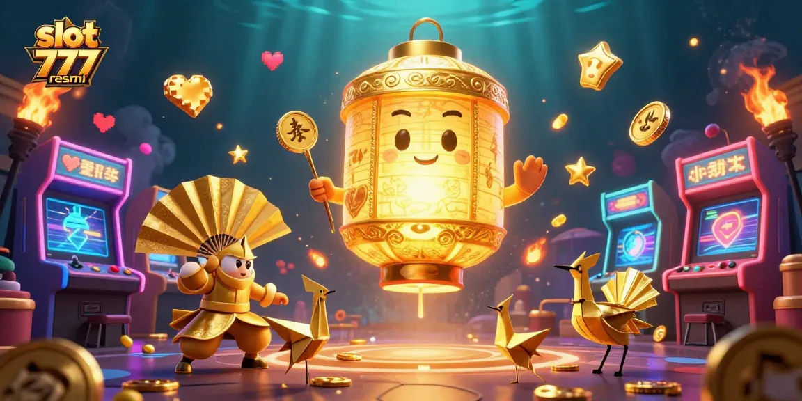 Engage with slot 777 resmi in a vibrant 3D casino market scene filled with arcade machines and glowing symbols.