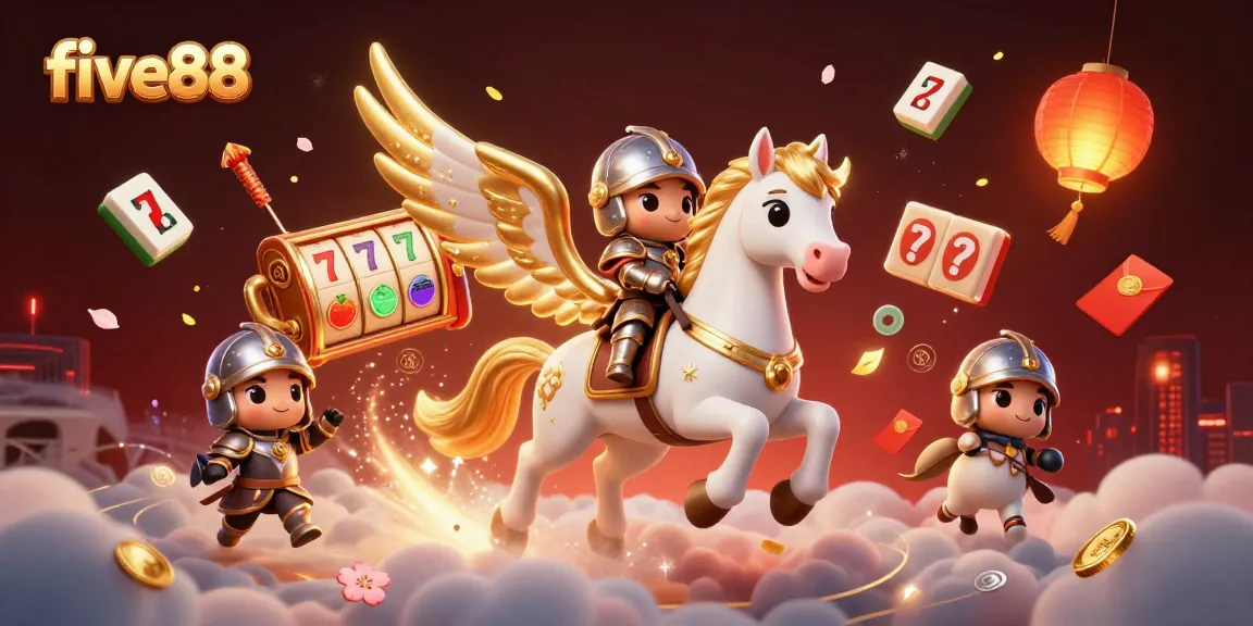 Experience five88's vibrant 3D casino scene with slot reels and winning symbols.