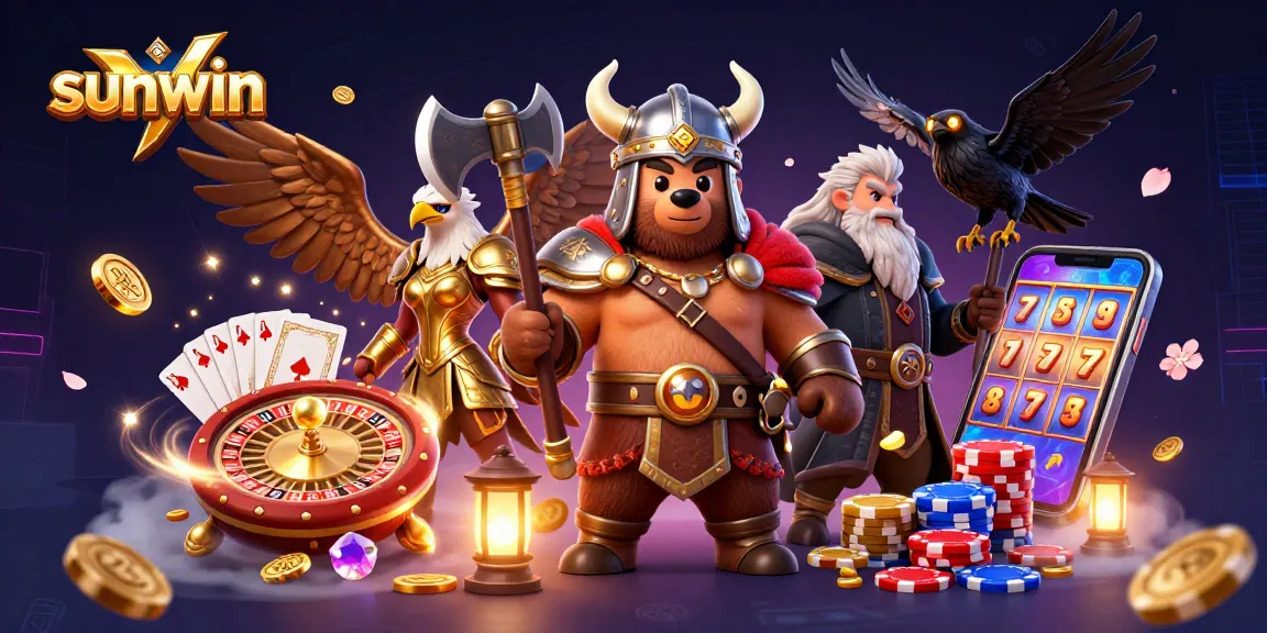 Experience the thrill of sunwin with a dynamic casino scene featuring a Viking berserker and Valkyrie eagle amidst golden coins and games