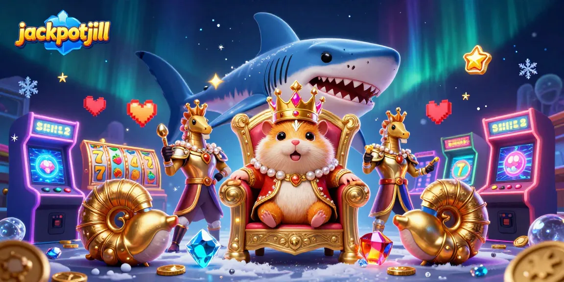 Experience jackpotjill's vibrant world with a hamster king amidst dynamic slots and game elements.
